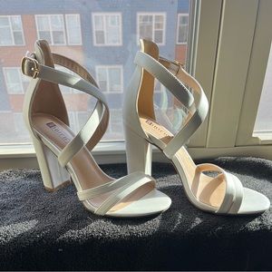 White strapped block heels